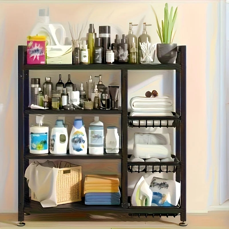 New Heavy-Duty Faridabio 4-Tier Freestanding Shelf with 3 Baskets - Durable Carbon Steel, for Kitchen, Bathroom, Tool Organizati