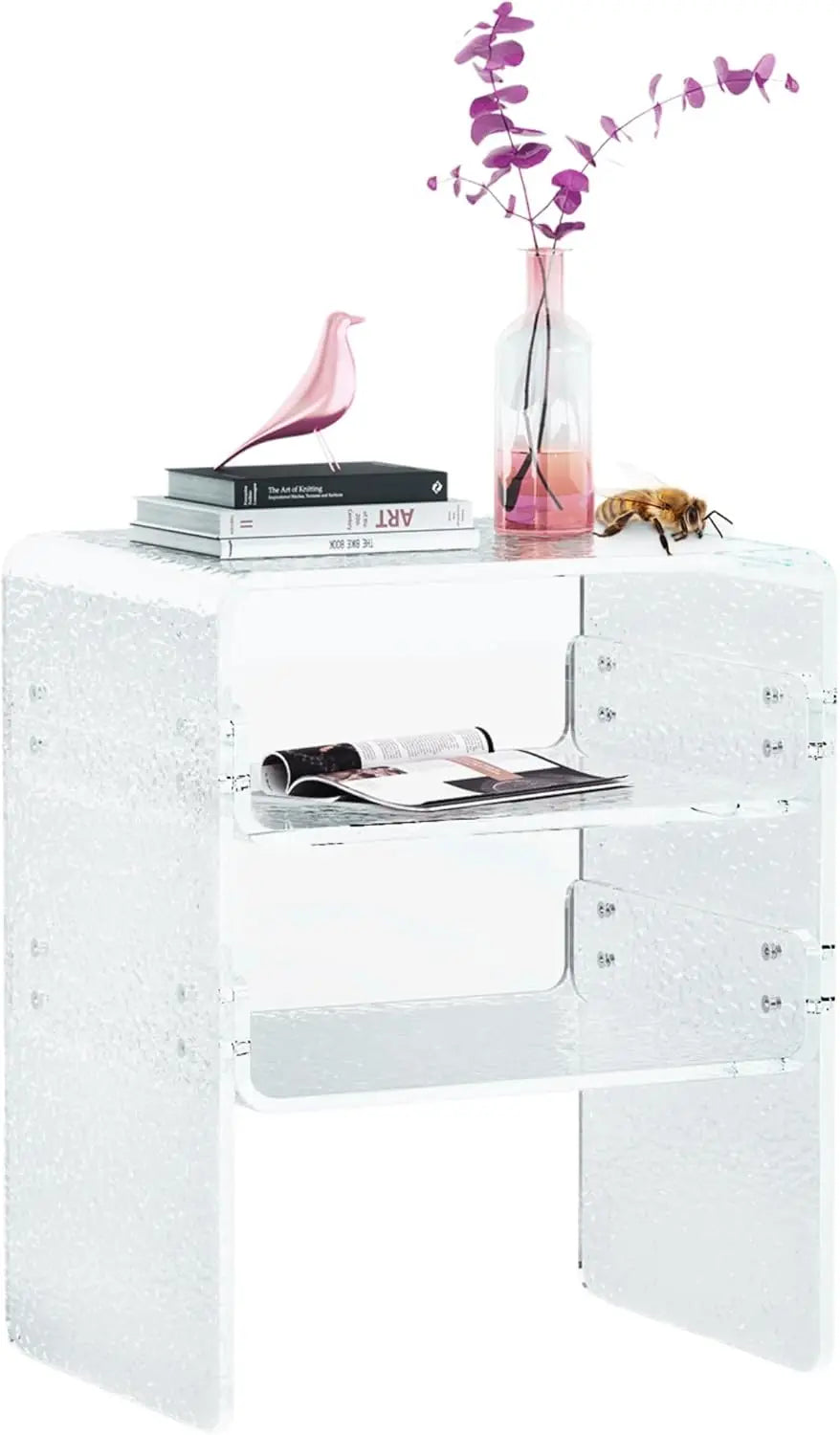 Acrylic Record Player Table with Storage Shelf \u2013 Sleek Bedside Storage with Durable Design, Perfect for Bedrooms, Living Ro