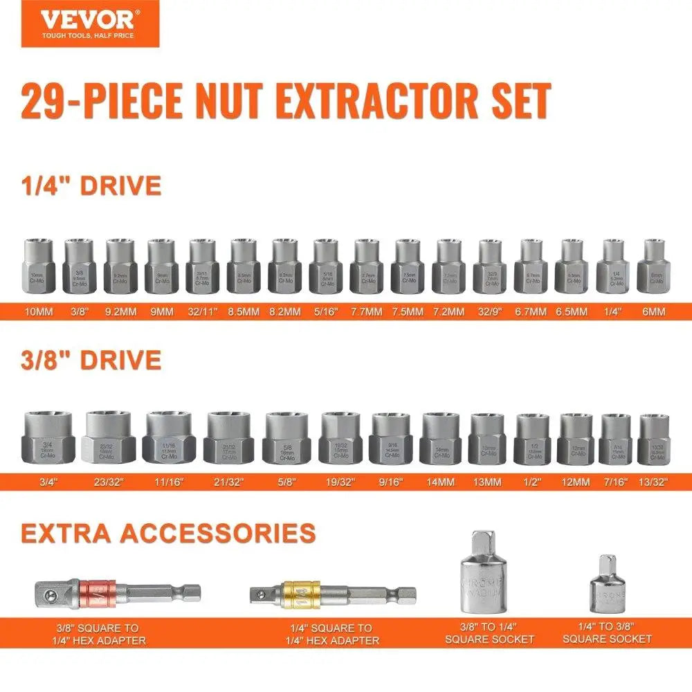 Bolt Extractor Set, 29-Piece Bolt and Nut Remover Set, 6mm to 10mm, 13/32" to 3/4", CR-MO Steel Extraction Socket Set with