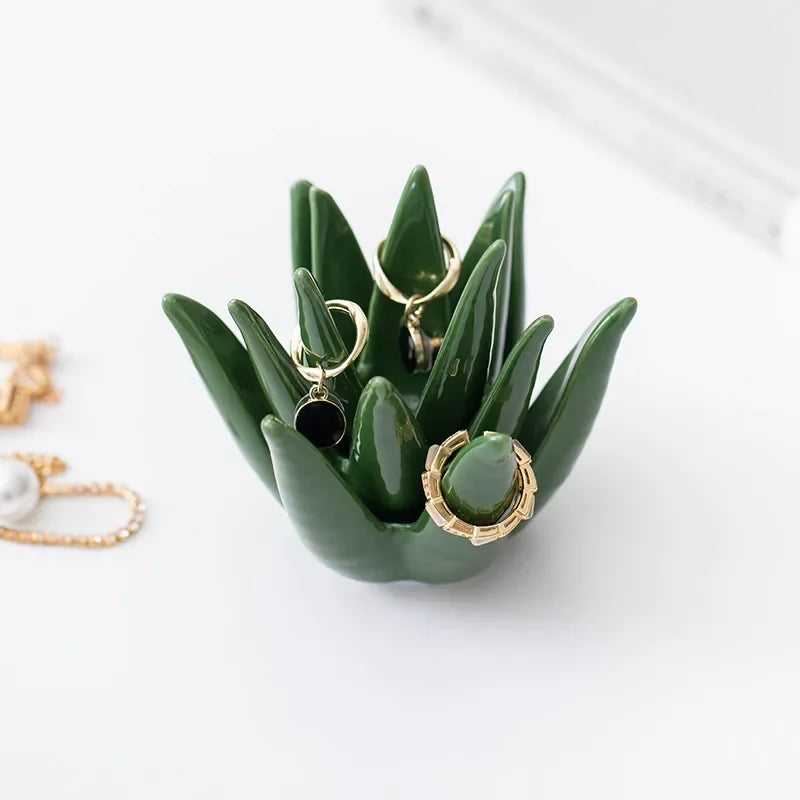 Nordic Ceramic Cactus Aloe Jewelry Earring Storage Desk Ornament