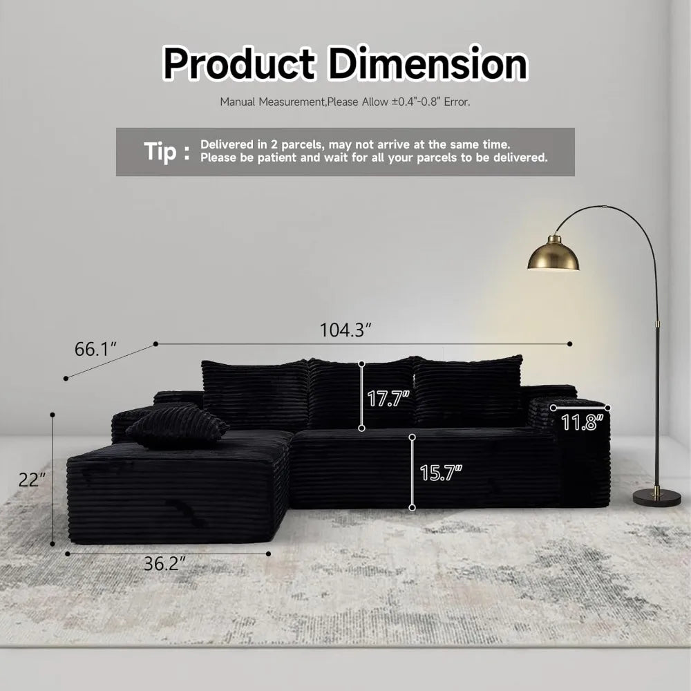 104 Inch Modern Modular L Shape Sofa Couch with Chaise Black Faux Rabbit Fur Cloud Sectional Couch