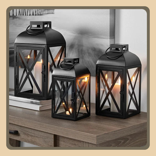 2 Pack Decorative Black Metal Pillar Candleholder Lantern 10 Inch Small
