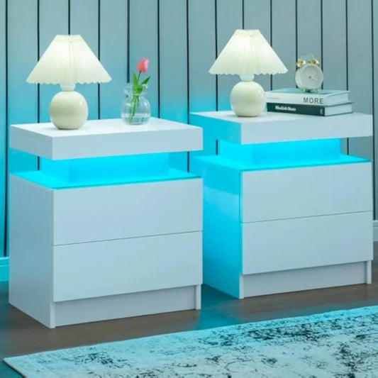 Nightstand Set of 2 LED Nightstand with 2 Drawers,Night Stand Set 2 with LED Light,Bedside Table with Drawers for Bedroom