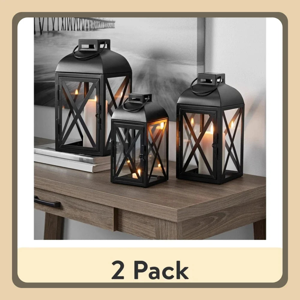 2 Pack Decorative Black Metal Pillar Candleholder Lantern 10 Inch Small