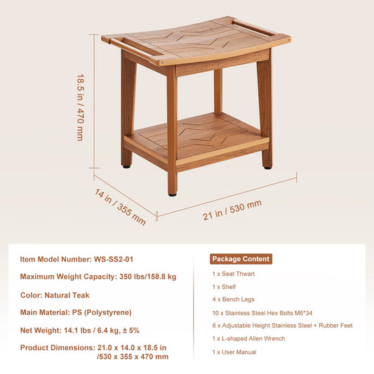 SucceBuy Bamboo Shower Bench 19.1x11.3x18.3 in Waterproof Shower Stool Chair with Storage Shelf 330lbs Load Capacity Spa Seat