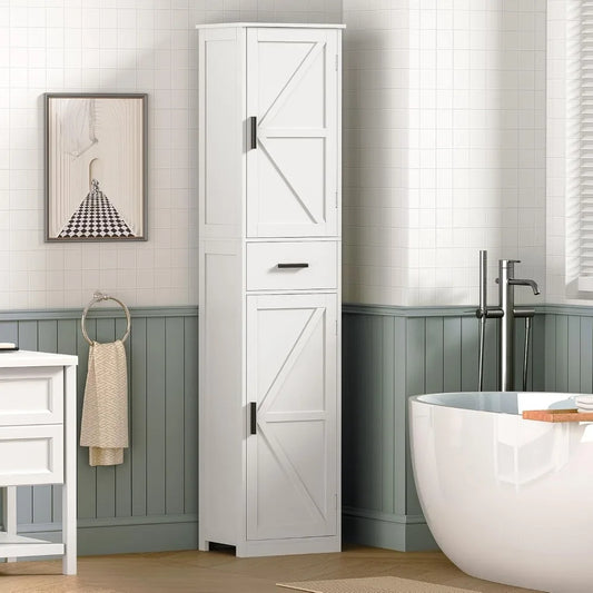 Tall Bathroom Cabinet With 6 Shelves And Drawers In Modern Engineered Wood