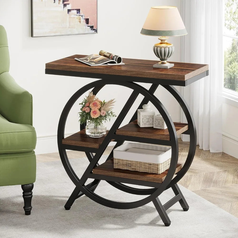End Table Set of 2, 3-Tier Narrow Sofa Side Table with Storage for Living Room, Wood End Table with Geometric Metal Frame, Indu