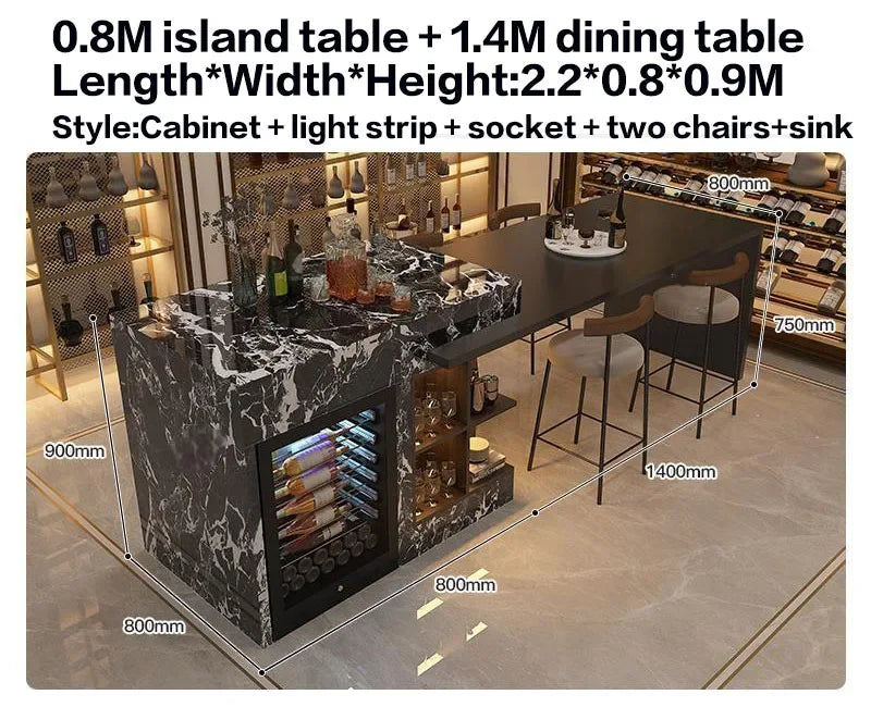 Luxury Marble Kitchen Island Set with Dining Table, Wine Refrigerator, LED Lights, 2-Layer Storage & Artistic Sculpture Base