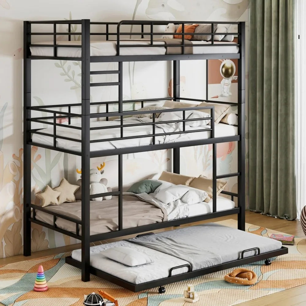 Twin Size Heavy Duty Triple Bunk Bed with Trundle and Ladder, Guardrails for Kids, Adults, Teens, Bedroom, No Box Spring Needed,