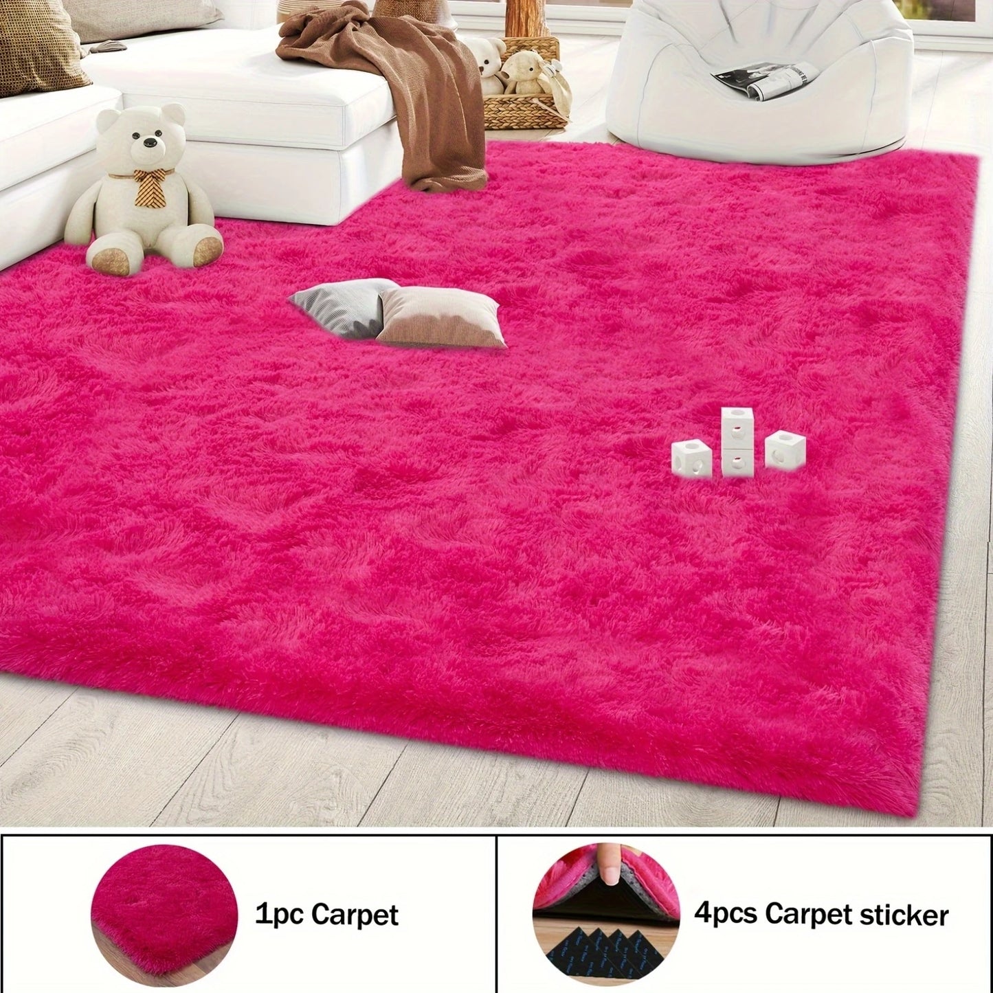 Hot Pink Soft Shaggy Non-Slip Rugs for Living Room/Bedroom/Nursery–Luxury Plush Carpet with 4 Rug Stickers,Ideal Room Decor Rug