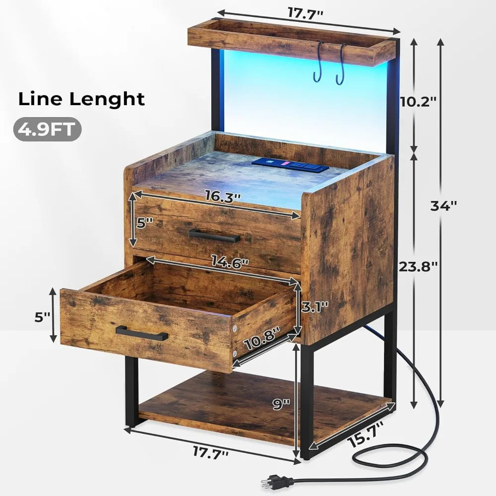 LED Nightstand Set of 2 with Charging Station, 2 Drawers Night Stand with LED Lights for Bedroom, 2 USB Ports, 2 Power Outlets,