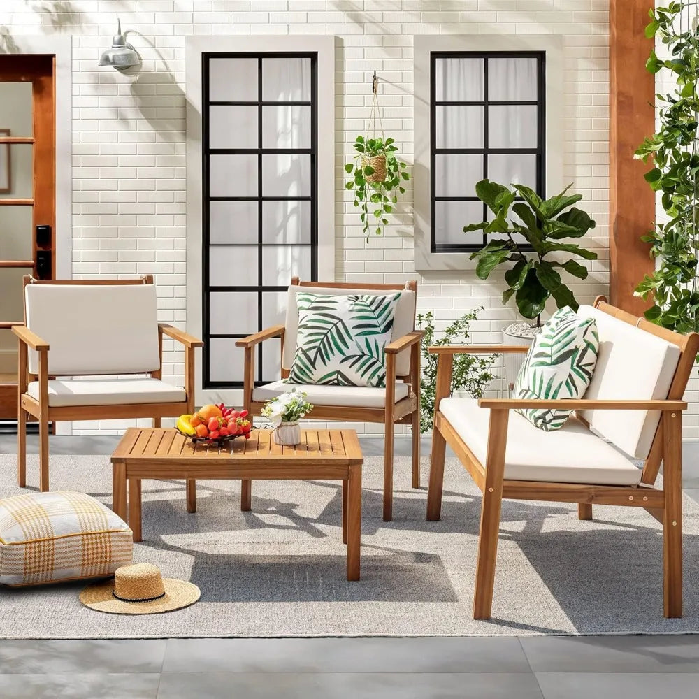 Patio Furniture Acacia Wood Sofa Set With Table And Cushions