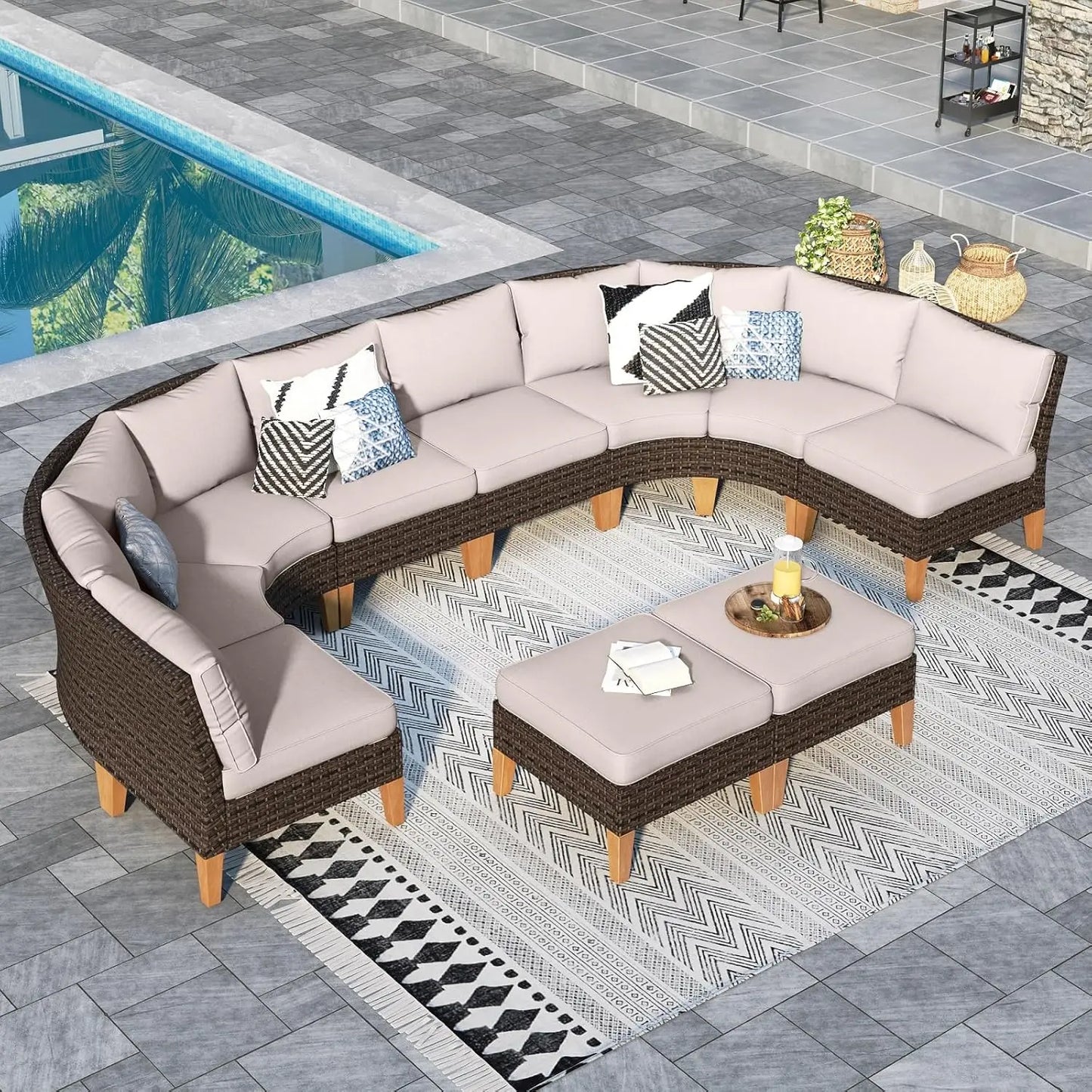 12 Piece Curved Outdoor Sectional Sofa Set Rattan Patio Conversation Set with 4 x Curved Sofa,2X Armless Sofa, 2 x Ottoman,Beige