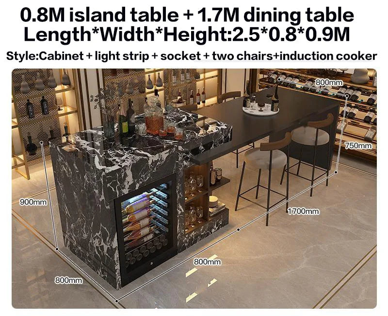 Luxury Marble Kitchen Island Set with Dining Table, Wine Refrigerator, LED Lights, 2-Layer Storage & Artistic Sculpture Base