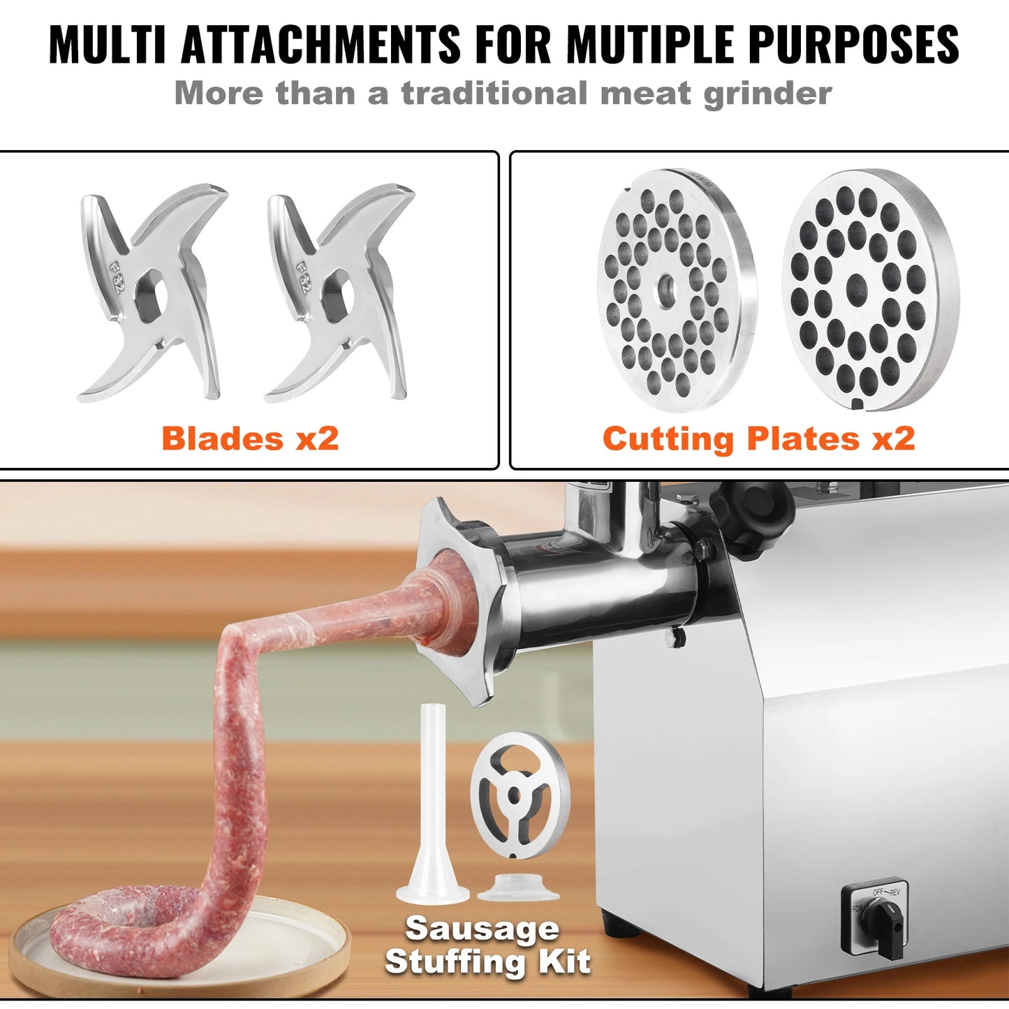 SucceBuy Electric Meat Grinder Food Processors Sausage Maker Filler Mincer Stuffer Stainless Steel with 2 Blades for Kitchen