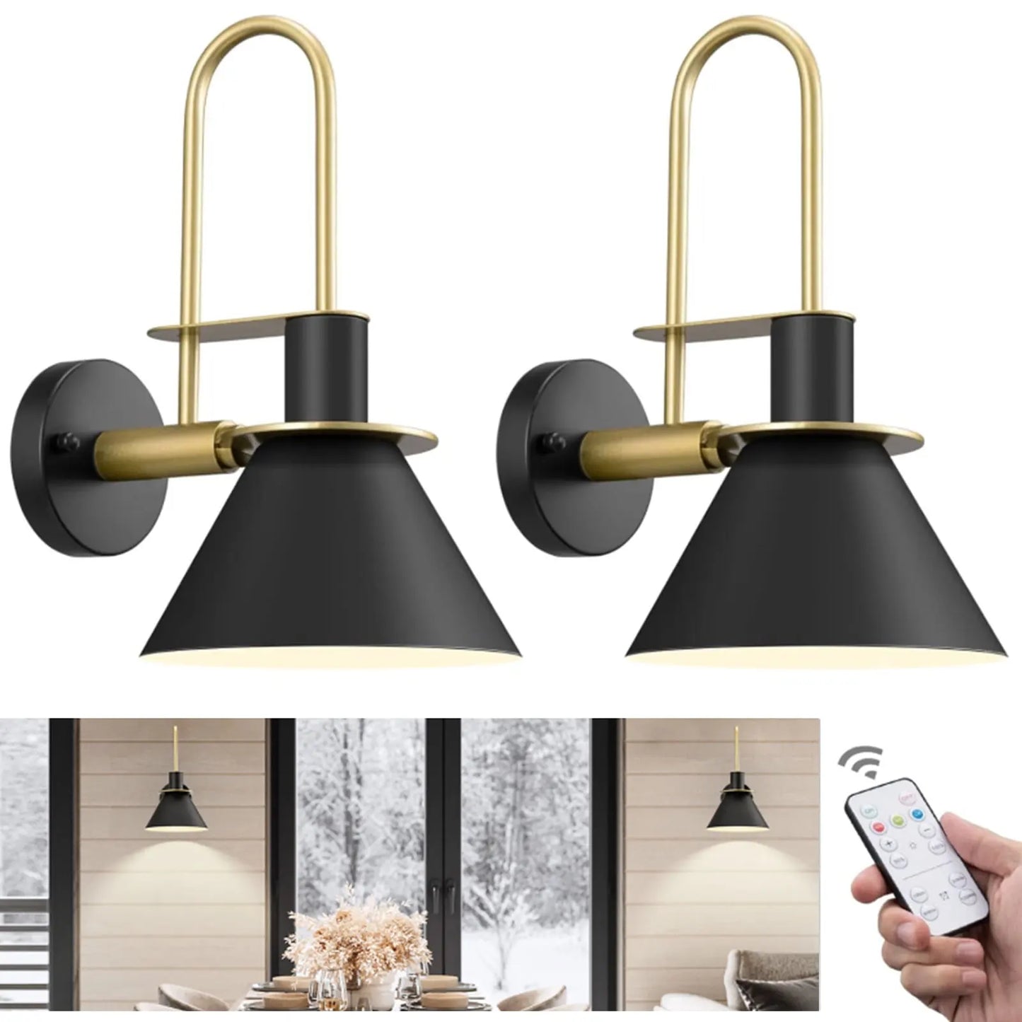 Black Rechargeable Batttery Operated Wall Sconces Set of 2, Wireless Battery Powered Non Hardwired Wall Lights