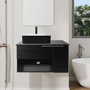 28 Inch Black Floating Bathroom Vanity with 1-Door and 1-Drawer, Modern Wall Mounted Cabinet with Blue Boat Vessel Sink Top
