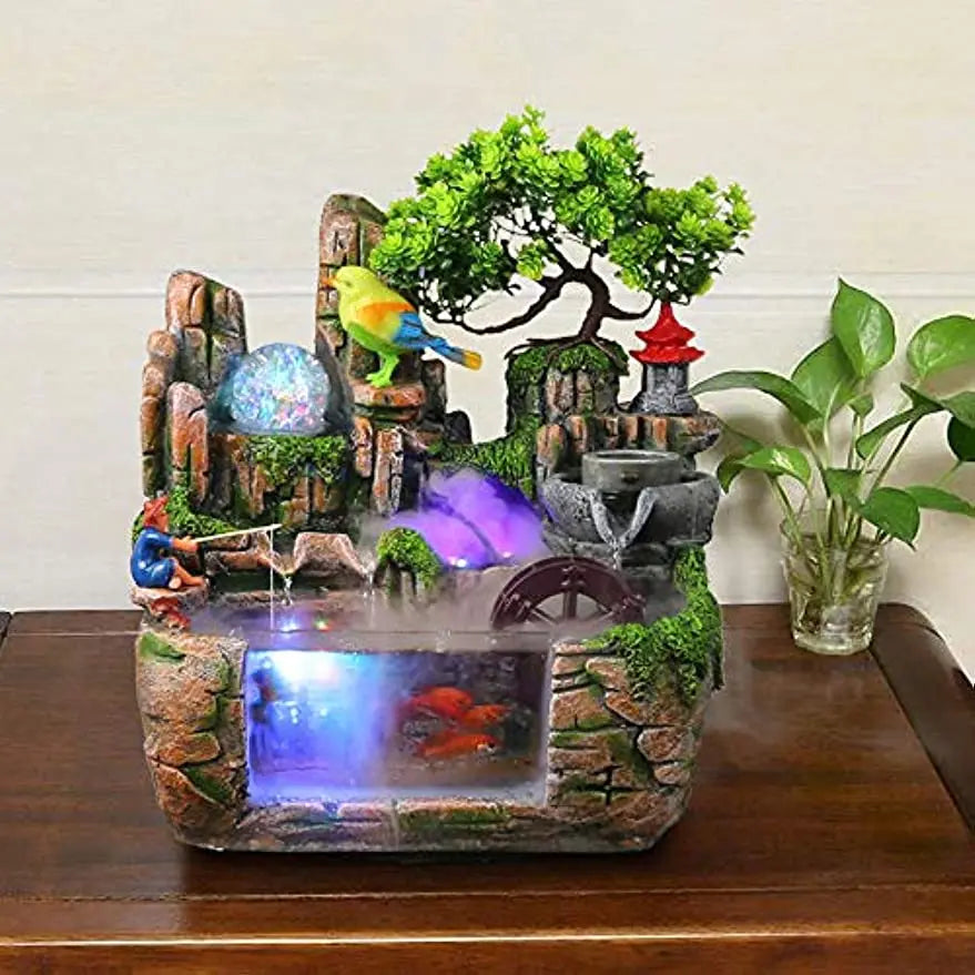Desktop Fountain Waterfall with Rockery Indoor Relaxation Tabletop Resin Ornament and Light Bird Fisherman for Home