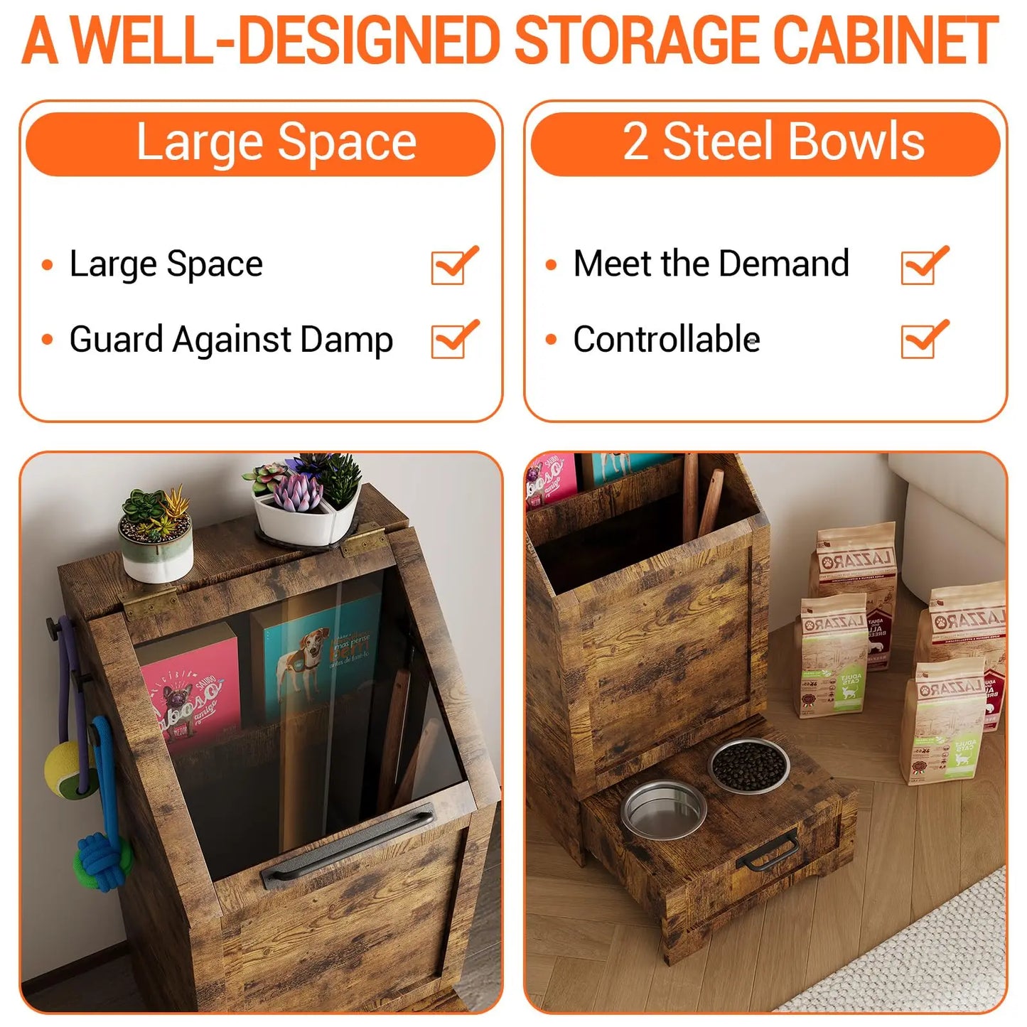 HiMISS Dog Food Storage Cabinet Flip Top Side Leash Hooks