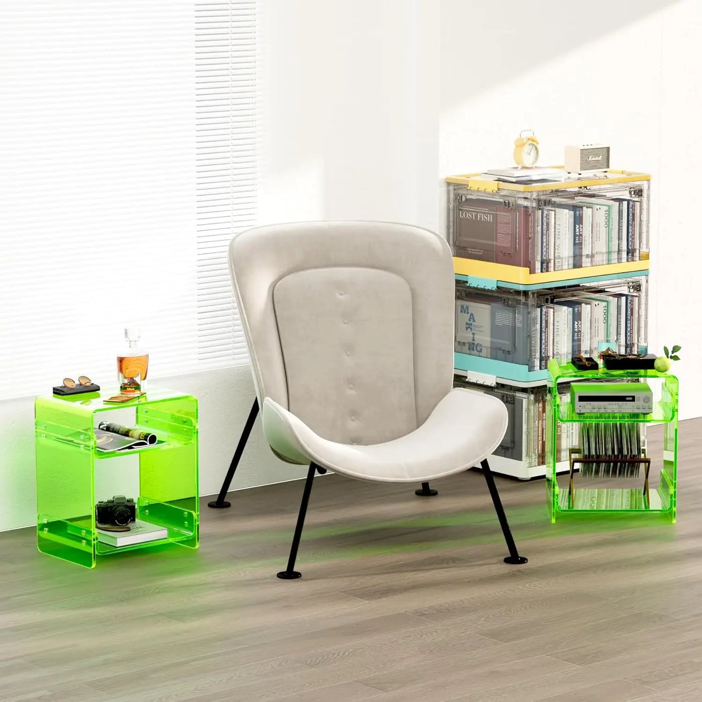 Acrylic Record Player Table with Storage Shelf \u2013 Sleek Bedside Storage with Durable Design, Perfect for Bedrooms, Living Ro