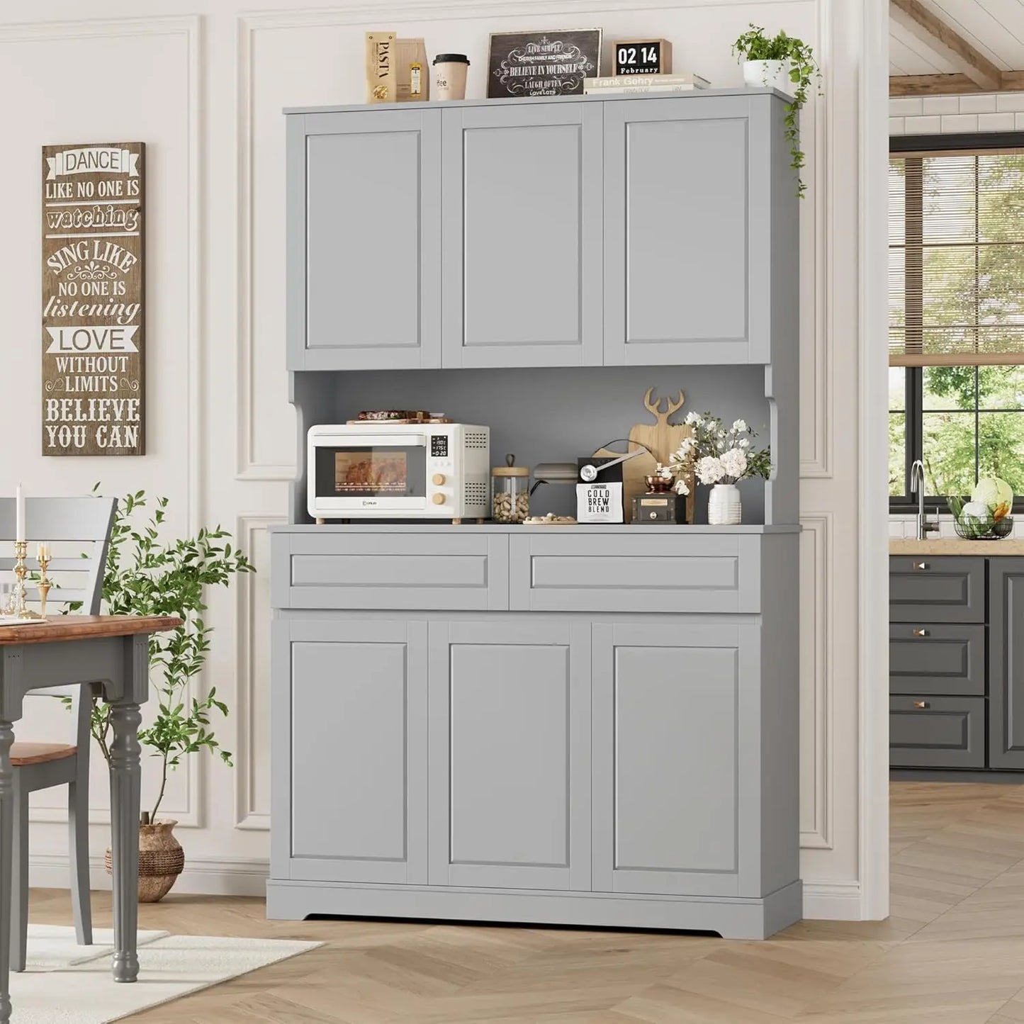 74" Pantry Cabinet, Tall Kitchen Pantry Cabinet with 6 Doors and 2 Drawers, Kitchen Hutch, Modern Kitchens Cupboard