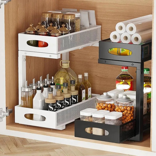 HiMISSH Two Tier Under Sink Organizer With Sliding Drawer