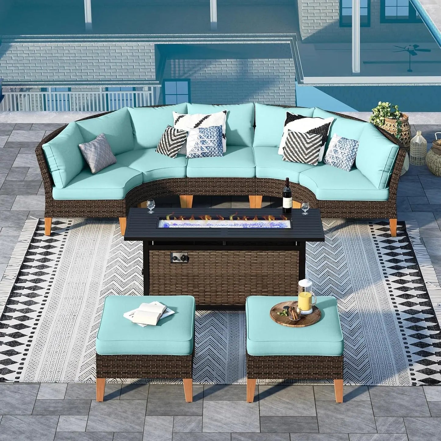 12 Piece Curved Outdoor Sectional Sofa Set Rattan Patio Conversation Set with 4 x Curved Sofa,2X Armless Sofa, 2 x Ottoman,Beige