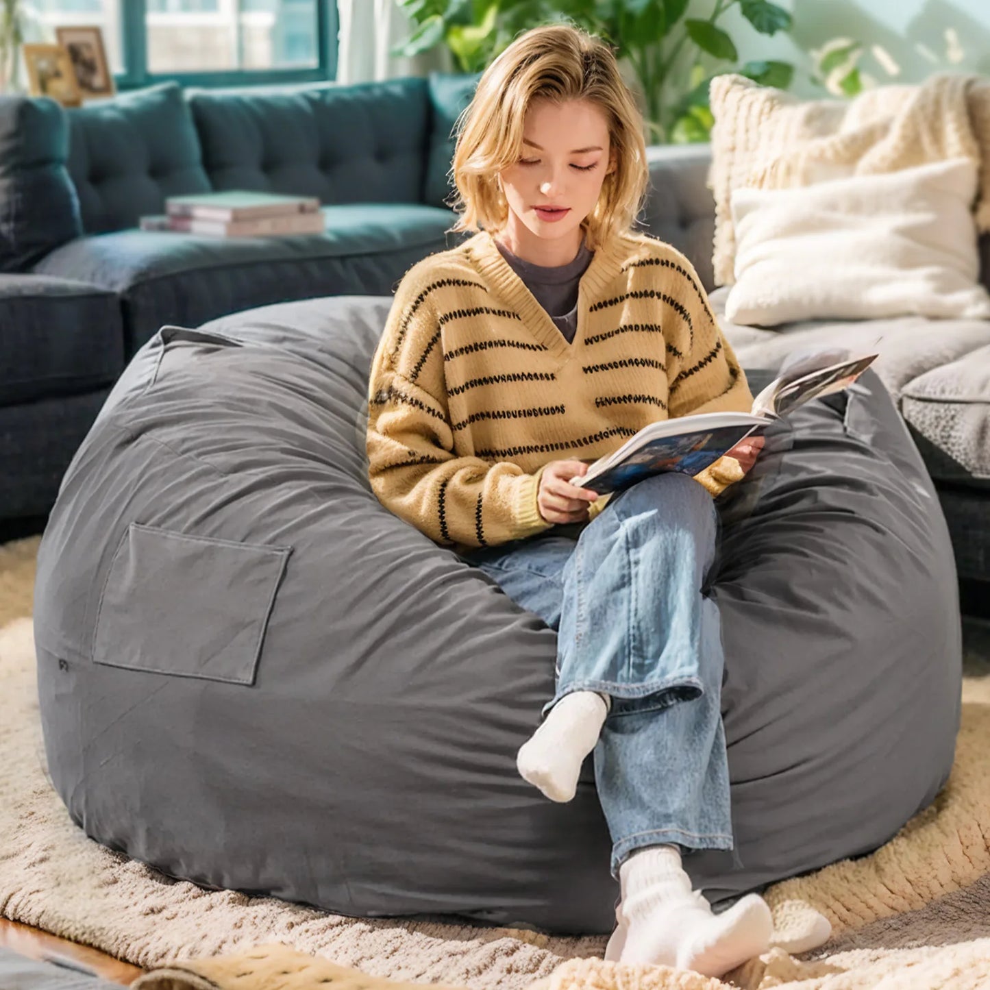 JHK Oversized 3/4FT Bean Bag Chair for Gaming and Reading Foam Filled Couch with Removable Washable Cover Living Room Furniture