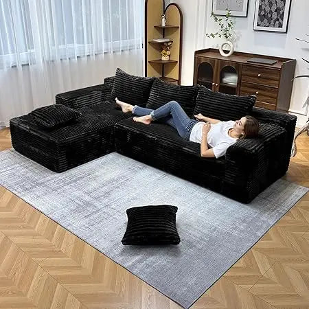 104 Inch Modern Modular L Shape Sofa Couch with Chaise Black Faux Rabbit Fur Cloud Sectional Couch