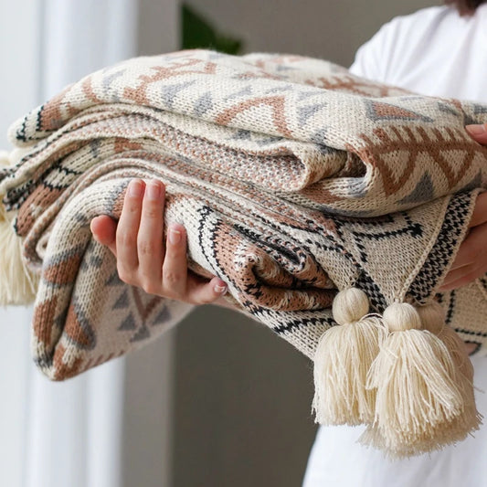 Boho Knitted Throw Blanket With Tassels Polyester Cotton Decor