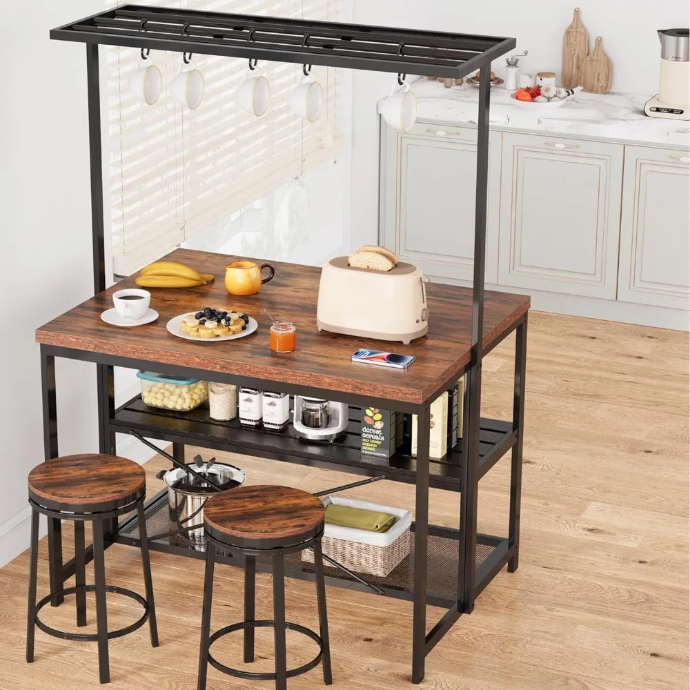 Kitchen Island with Storage, 42''Island Table for Kitchen with Seating Bakers Rack Microwave Oven Stand Shelf with 3 Tier Stora