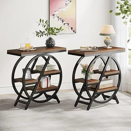 End Table Set of 2, 3-Tier Narrow Sofa Side Table with Storage for Living Room, Wood End Table with Geometric Metal Frame, Indu