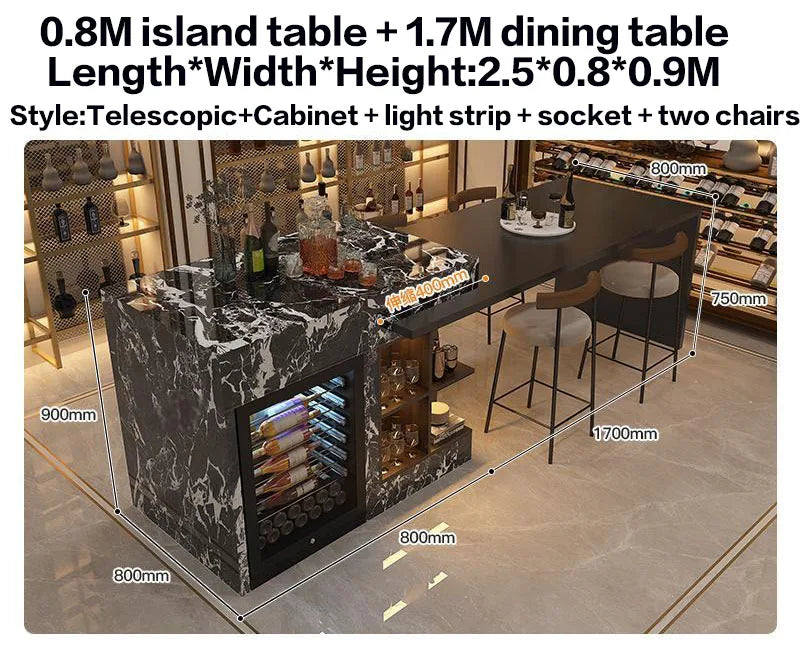 Luxury Marble Kitchen Island Set with Dining Table, Wine Refrigerator, LED Lights, 2-Layer Storage & Artistic Sculpture Base