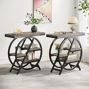 End Table Set of 2, 3-Tier Narrow Sofa Side Table with Storage for Living Room, Wood End Table with Geometric Metal Frame, Indu