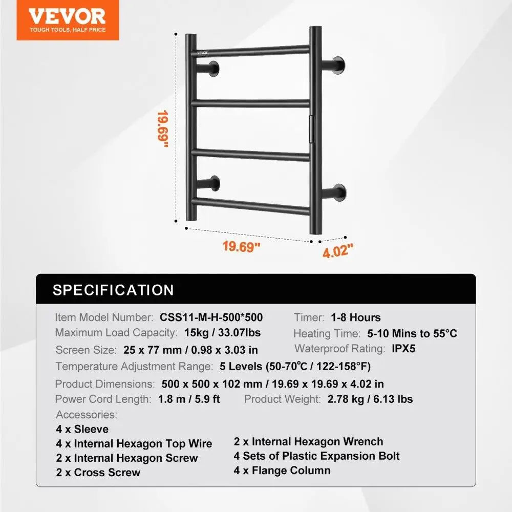 Heated Towel Rack Electric Bathroom Wall Mounted Drying Plug-in 4 Bars Matte Black