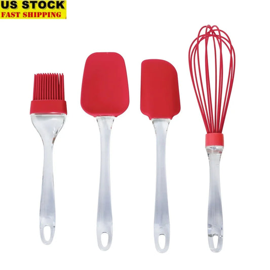 4-Piece Silicone Kitchen Utensil Set Whisk Spatula Spoon Brush Heat Resistant Dishwasher Safe Essential Cooking Tools