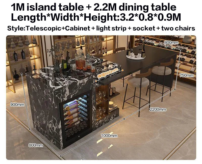 Luxury Marble Kitchen Island Set with Dining Table, Wine Refrigerator, LED Lights, 2-Layer Storage & Artistic Sculpture Base