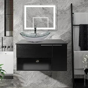 28 Inch Black Floating Bathroom Vanity with 1-Door and 1-Drawer, Modern Wall Mounted Cabinet with Blue Boat Vessel Sink Top