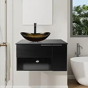 28 Inch Black Floating Bathroom Vanity with 1-Door and 1-Drawer, Modern Wall Mounted Cabinet with Blue Boat Vessel Sink Top