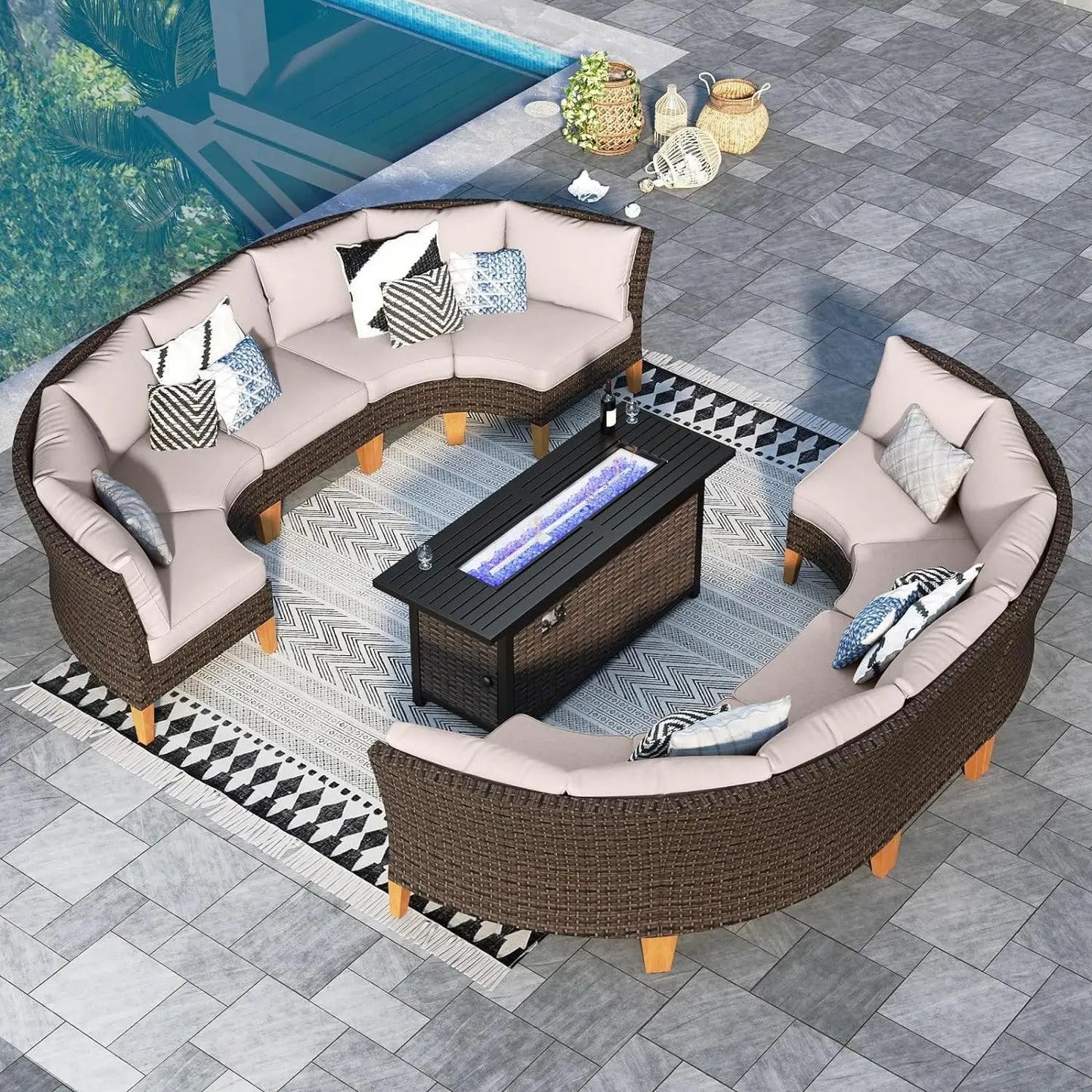 12 Piece Curved Outdoor Sectional Sofa Set Rattan Patio Conversation Set with 4 x Curved Sofa,2X Armless Sofa, 2 x Ottoman,Beige