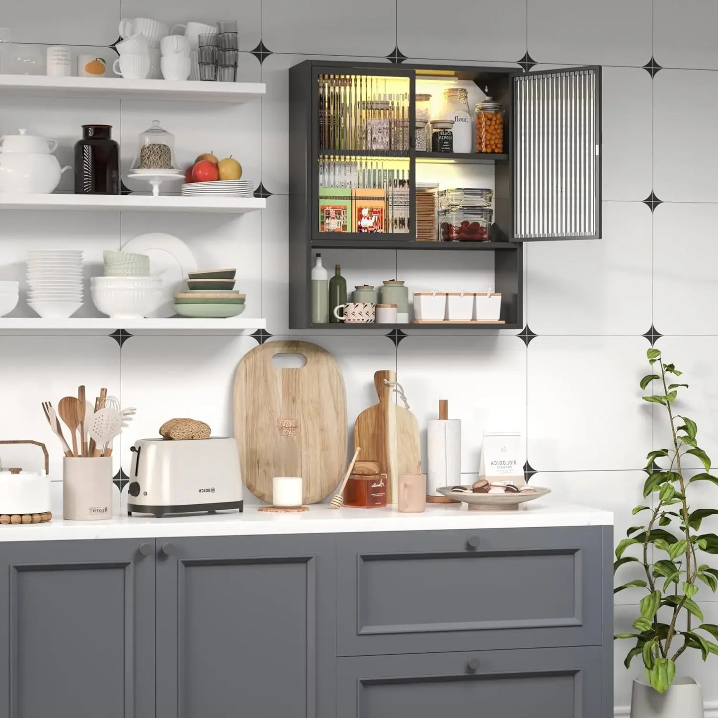 Bathroom Cabinet Wall Mount,Metal Medicine Cabinets with Glass Doors and LED Light,Wall Cabinet Over The Toilet,